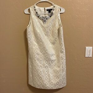 White House Black Market Women’s Cream & Silver Sleeveless Shift Dress w/ Jewels